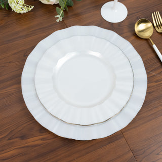 10-Pack Plastic 9inch Round Dinner Plates in Pearl White Ruffled Rim with Gold Edging