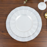 10-Pack Plastic 9inch Round Dinner Plates in Pearl White Ruffled Rim with Gold Edging