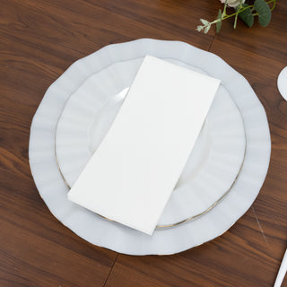 10-Pack Plastic 9inch Round Dinner Plates in Pearl White Ruffled Rim with Gold Edging