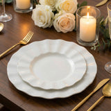 10-Pack Plastic 9inch Round Dinner Plates in Pearl White Ruffled Rim with Gold Edging