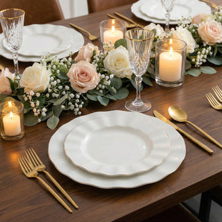 10-Pack Plastic 9inch Round Dinner Plates in Pearl White Ruffled Rim with Gold Edging