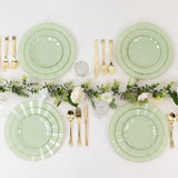 10 Pack Sage Green Heavy Duty Disposable Dinner Plates with Gold Ruffled Rim, Hard Plastic Dinner