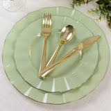 10 Pack Sage Green Heavy Duty Disposable Dinner Plates with Gold Ruffled Rim, Hard Plastic Dinner