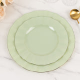 10 Pack Sage Green Heavy Duty Disposable Dinner Plates with Gold Ruffled Rim, Hard Plastic Dinner