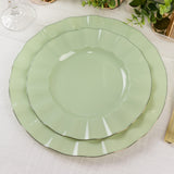 10 Pack Sage Green Heavy Duty Disposable Dinner Plates with Gold Ruffled Rim, Hard Plastic Dinner