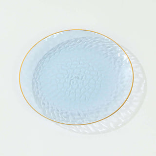 <h3 style="margin-left:0px;"><strong>Beautiful Transparent Dusty Blue Hammered Plastic Dinner Plates with Gold Rim</strong>