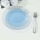 10 Pack Transparent Dusty Blue Hammered Plastic Party Plates With Gold Rim