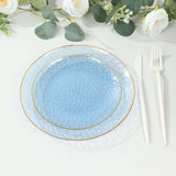 10 Pack Transparent Dusty Blue Hammered Plastic Party Plates With Gold Rim