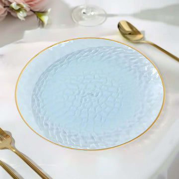 10 Pack Transparent Dusty Blue Hammered Plastic Party Plates With Gold Rim,  9" Round Disposable Dinner Plates