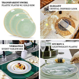 Transparent swirl plastic plates with gold rim, elegant and versatile event tableware.
