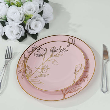 Set of 20 Dusty Rose Plastic Dinner Dessert Plates With Metallic Gold Floral Design, Disposable Round Party Plates - 10"/ 7"