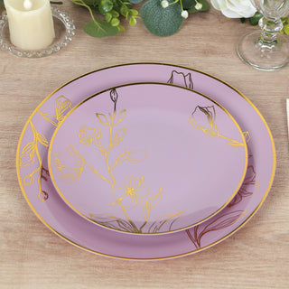 <h3 style="margin-left:0px;"><span style="background-color:transparent;color:#000000;">Sophisticated Lavender Plastic Party Plates With Metallic Gold Floral Design</span>