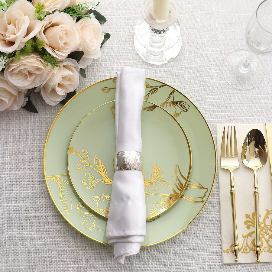 Set of 20 Sage Green Plastic Dinner Dessert Plates With Metallic Gold Floral Design, Disposable