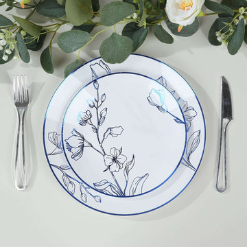 Set of 20 White Plastic Dinner Dessert Plates With Metallic Blue Floral Design, Disposable Round Party Plates - 10"/ 7"