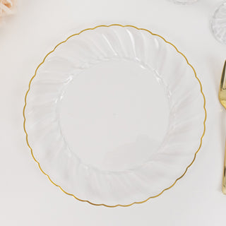 <span style="background-color:transparent;color:#000000;">Classic Clear Gold Flair Rim Plastic Dinner Plates</span>