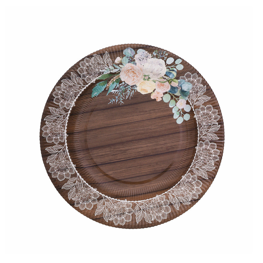 25 Pack Round Dinner Paper Plates in Brown Rustic Wood Print 10inch Disposable Party Plates#whtbkgd