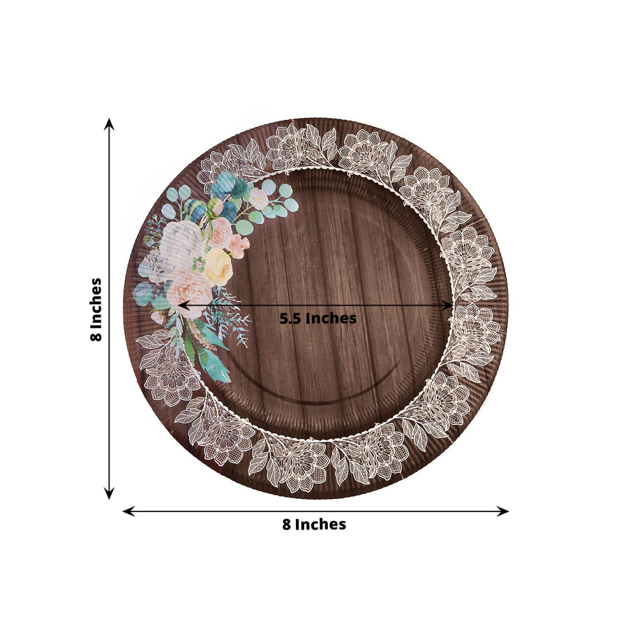 25 Pack Round Appetizer Dessert Paper Plates in Brown Rustic Wood Print 8inch Disposable Salad Plate