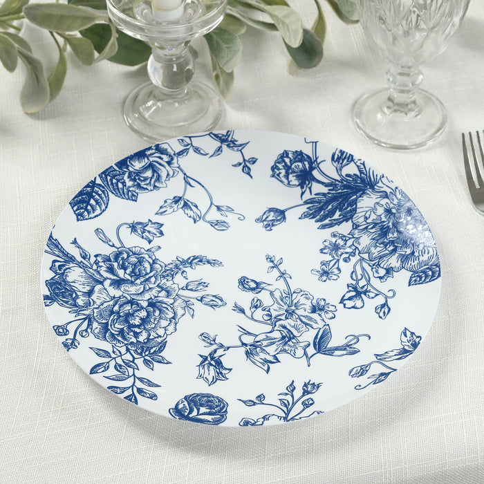 10-Pack French Toile Plastic Party Plates – Blue & White Floral, 10" Round Disposable Dinner Plates