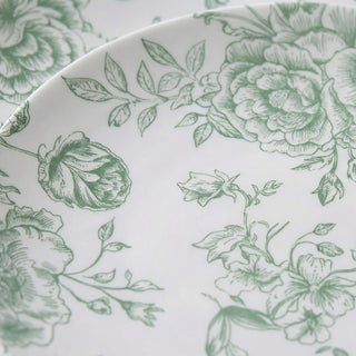 10-Pack French Toile Plastic Party Plates – Sage Green & White Floral, 10\" Round Dinner Plates