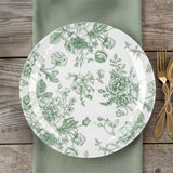 10-Pack French Toile Plastic Party Plates – Sage Green & White Floral, 10\" Round Dinner Plates