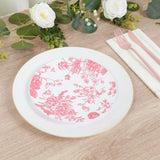 10-Pack French Toile Plastic Salad Plates – Pink & White Floral, 7" Round Disposable Dessert Plates