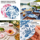 10-Pack French Toile Plastic Party Plates – Blue & White Floral, 10" Round Disposable Dinner Plates