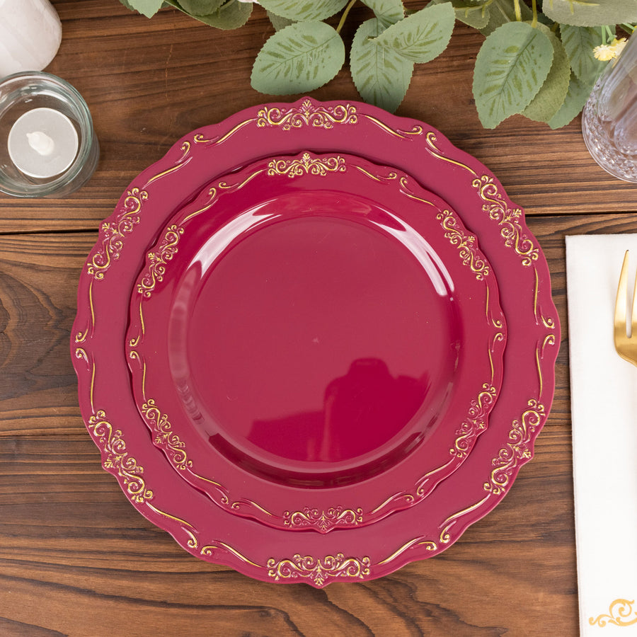 10 Pack | 10inch Burgundy With Gold Vintage Rim Disposable Dinner Plates With Embossed 