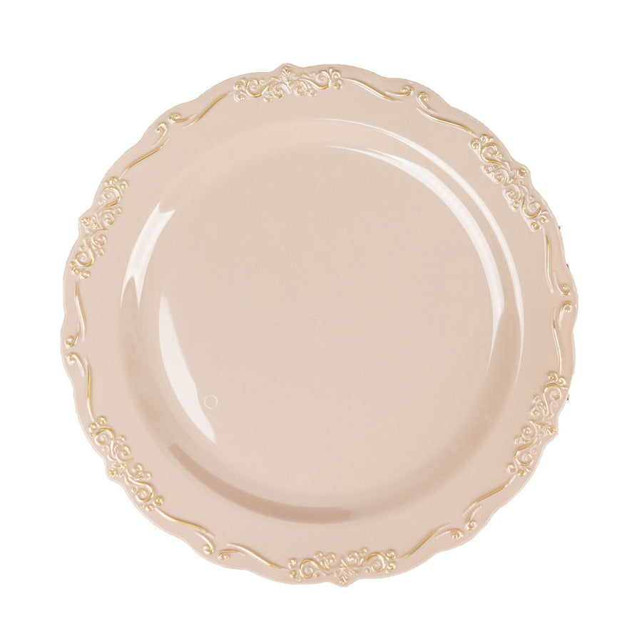 10 Pack | 10inch Taupe With Gold Vintage Rim Disposable Dinner Plates Embossed Scalloped#whtbkgd