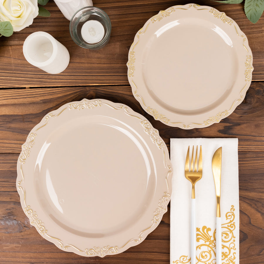 10 Pack | 10inch Taupe With Gold Vintage Rim Disposable Dinner Plates Embossed Scalloped