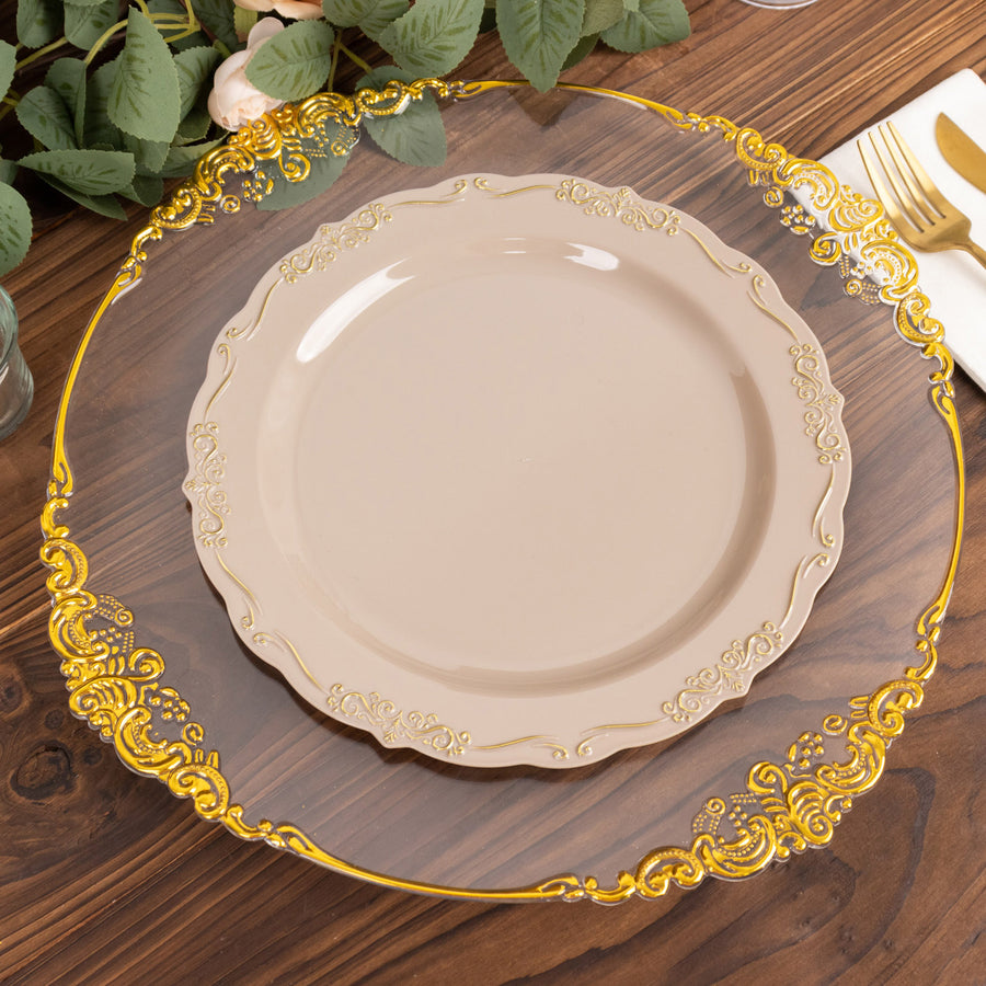 10 Pack | 10inch Taupe With Gold Vintage Rim Disposable Dinner Plates Embossed Scalloped