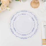 10 Pack White Blue Vintage Rim Disposable Party Plates With Embossed Scalloped Edges