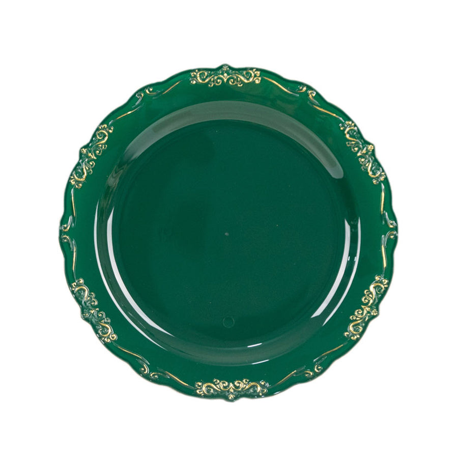 10 Pack | 7inch Hunter Emerald Green With Gold Vintage Rim Disposable Salad Plates#whtbkgd