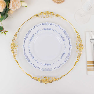 Stylish White and Blue Vintage Rim Disposable Dessert Plates