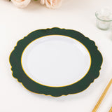 10 Pack 10" Hunter Emerald Green White Disposable Dinner Plates With Round Blossom Design