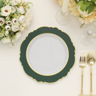 10 Pack | 10" Hunter Emerald Green / White Disposable Dinner Plates With Round Blossom Design, Plastic Party Plates With Gold Rim