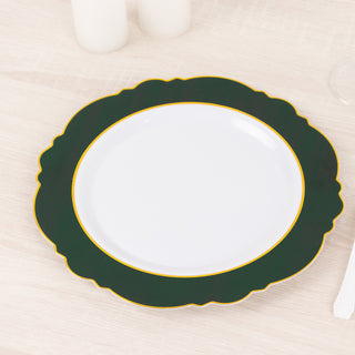 10 Pack | 10" Hunter Emerald Green / White Disposable Dinner Plates With Round Blossom Design, Plastic Party Plates With Gold Rim