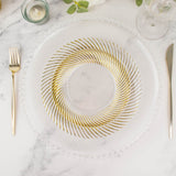 10 Pack | 9inch Clear / Gold Swirl Rim Disposable Dinner Plates, Round Plastic Party Plates