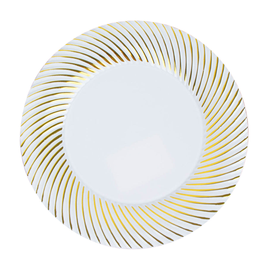 10 Pack | 9inch White / Gold Swirl Rim Plastic Dinner Plates, Round Disposable Party Plates#whtbkgd