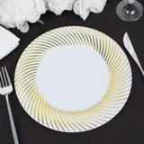 10 Pack | 9inch White / Gold Swirl Rim Plastic Dinner Plates, Round Disposable Party Plates