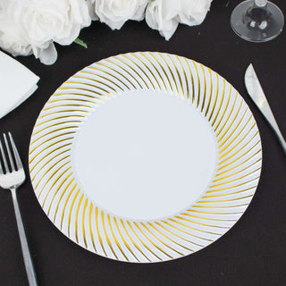 10 Pack | 9" White / Gold Swirl Rim Plastic Dinner Plates