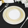 10 Pack | 9inch White / Gold Swirl Rim Plastic Dinner Plates, Round Disposable Party Plates