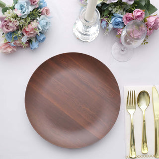 Elevate Your Dining Experience with Rustic Brown Wood Grain Melamine Dinner Plates