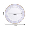 10 Pack White Renaissance Disposable Dinner Plates With Gold Navy Blue Chord Rim, Plastic Party