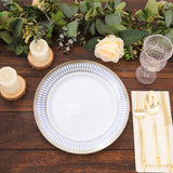10 Pack White Renaissance Disposable Dinner Plates With Gold Navy Blue Chord Rim, Plastic Party