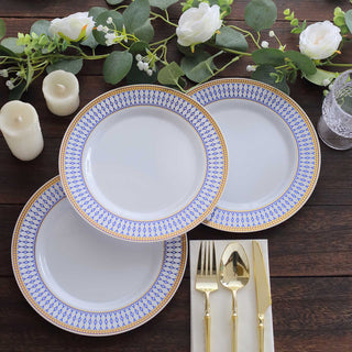 Elegant White Renaissance Plastic Party Plates with Gold Navy Blue Chord Rim