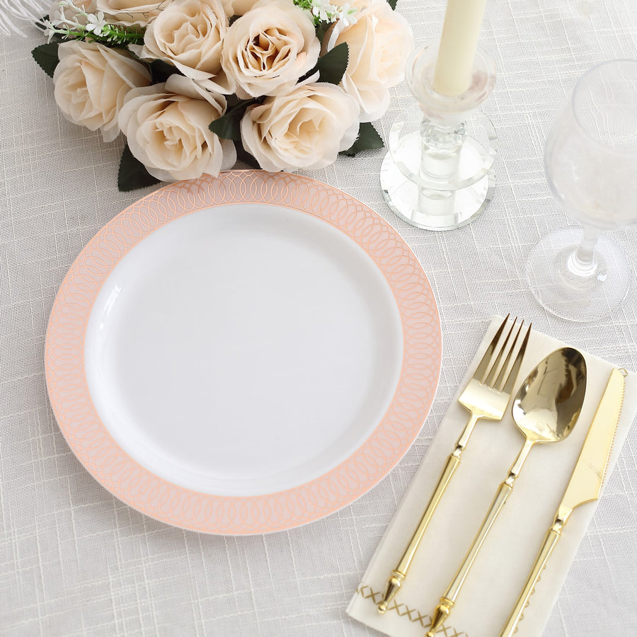 10 Pack White Disposable Party Plates With Blush Rose Gold Spiral Rim, 10" Round Plastic Dinner Plates