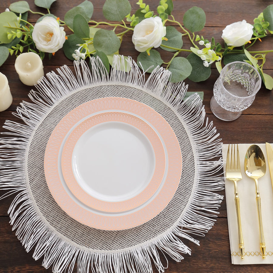 10 Pack White Disposable Party Plates With Blush Rose Gold Spiral Rim, 10" Round Plastic Dinner Plates