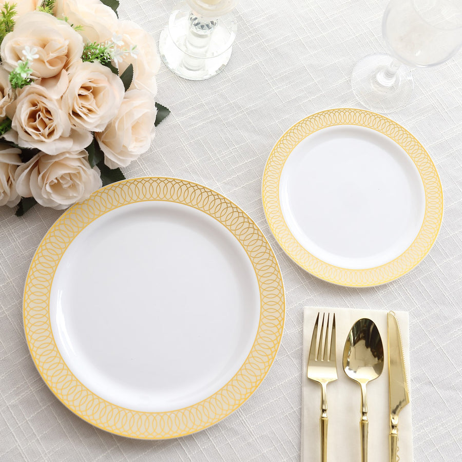 10 Pack White Disposable Party Plates With Beige Gold Spiral Rim, 10" Round Plastic Dinner 
