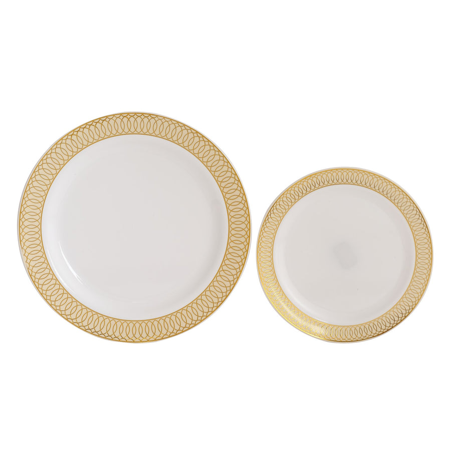 10 Pack White Disposable Party Plates With Beige Gold Spiral Rim, 10" Round Plastic Dinner Plates