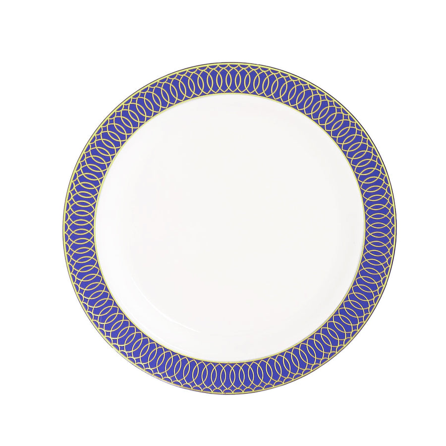 10 Pack White Disposable Party Plates With Navy Blue Gold Spiral Rim, 10" Round Plastic#whtbkgd